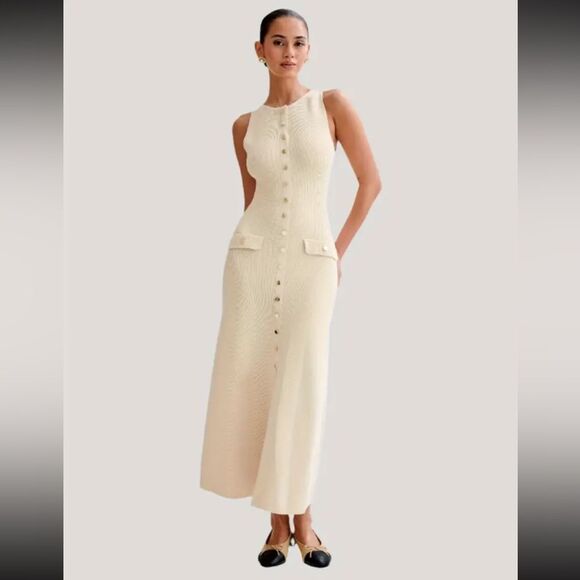Elegant cream Sleeveless Round Neck Button Slim Knit Long Dress size small - Picture 1 of 14